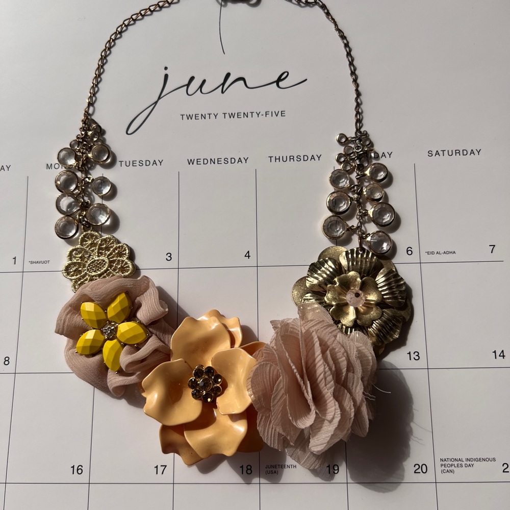 Anthropologie Yellow and Pink Floral Necklace Statement Jewelry
